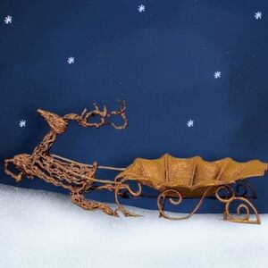 VTG Fabric Mache Christmas Reindeer & Sleigh Gold-Tone Finish 17"L‎ x 5.5"W x7"H